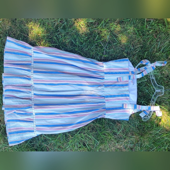 Shoshanna Demeri Striped Eyelet Dress in Rainbow Womens 12 Blue Pink white Midi - Picture 8 of 14